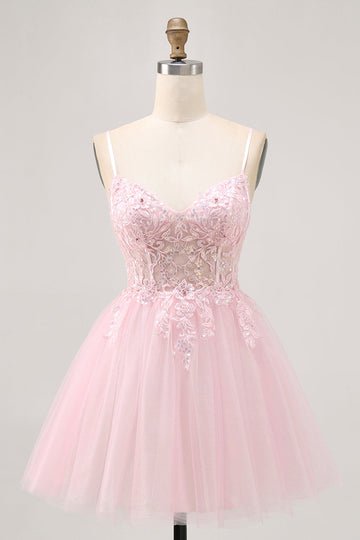Pink A Line Corset Tulle Short Homecoming Dress with Appliques